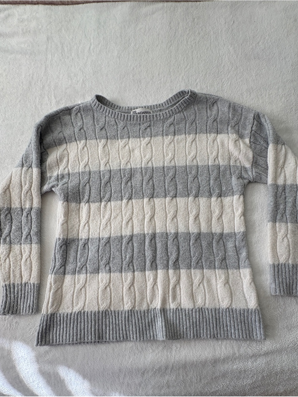 No Boundaries Striped Cable Knit Crew Sweater - Gray & Cream